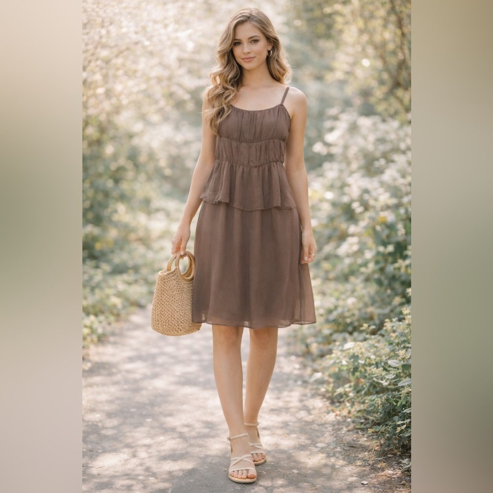 Moulinette Soeurs Anthropologie Silk Chiffon Dress Size 4 Brown Tiered Boho